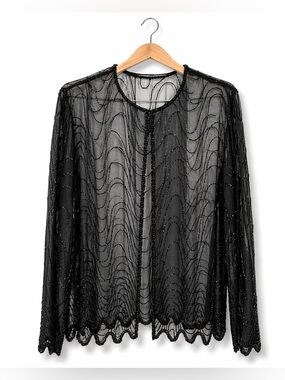 BLACK Beaded Sheer Top Cardigan Scalloped Vintage Boho Festival
